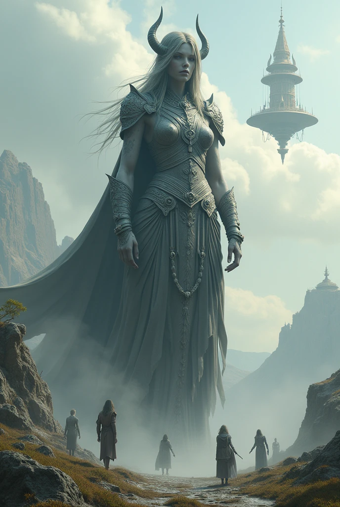 surreal scene, female giant, grey skin, leather armor, many humans in background, flying castle