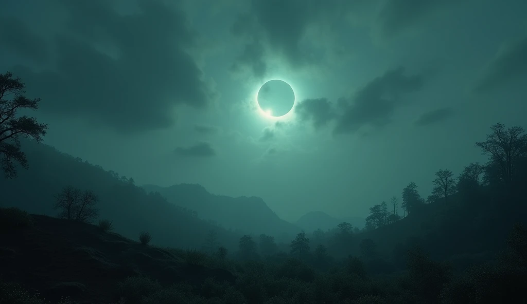 A landscape during a solar eclipse, where the colors of the natural surroundings are altered by the Purkinje effect. The sky is a deep, muted shade, with cool tones of blue and green dominating the scene, and any red objects appearing almost black.

