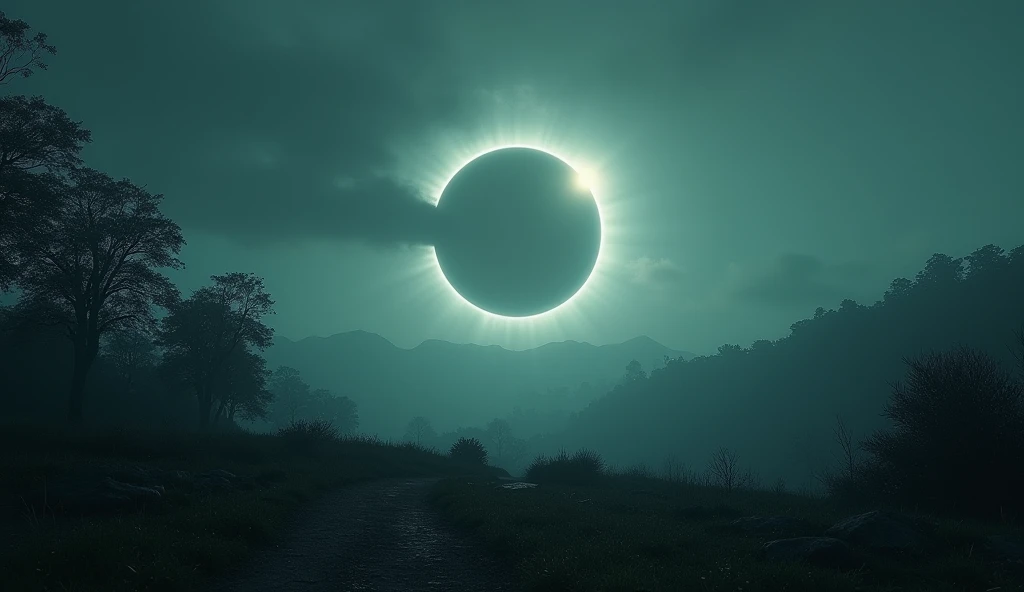 A landscape during a solar eclipse, where the colors of the natural surroundings are altered by the Purkinje effect. The sky is a deep, muted shade, with cool tones of blue and green dominating the scene, and any red objects appearing almost black.