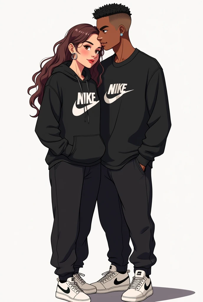 young couple in love. white woman with pink lips, long wavy hair, eyes browns, hoop earrings in the ears, black nike sweatshirt and pants, White sneakers. black man with short hair and shaved sides, diamond earring in the ears, with black shirt, cor dos eyes browns. anime styling. very dark espresso skin color. wide nose, large lips, fully body, black nike sweatshirt, White sneakers nike