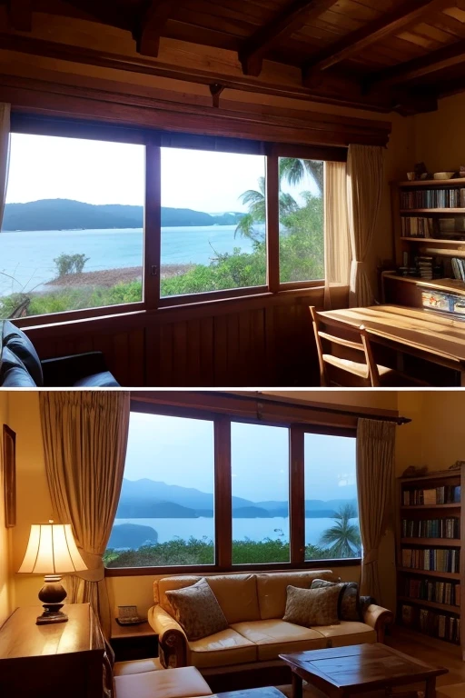 Southern Island Desk、indirect lighting、Wood Deck、Country atmosphere、Woodhouse、antique、A little bit European、living、indoor、antique家具、Holiday Homes、sofa、cushion、Large windows、Outside you can see palm trees and a sandy beach.、The pillars and walls of the room are all made of wood.、There are books and coffee on the desk、The furniture has a modern gothic feel、A room with a lot of stuff、The lighting is a bare bulb、Increase the number of star-themed miscellaneous goods and accessories、外は夕方でSunset skyが窓から見える、View of sandy beach and palm trees、The window is empty、The curtains are fluttering in the wind、In the evening atmosphere、More sad evening air、It's a house by the sea、The sunset is reflected in the sea, making it red.、The darkening atmosphere of the evening、Swedish furniture、There are lots of photo frames and decorations.、Outside, the sea is right next to me.、The sunset reflects on the sea、夕方だから少し暗くてRed Skyなの、It's getting better、Outside there's the sea, the sand and the palm trees、Sunset sky、It's evening outside、窓から見える景色がSunset skyなの、That's good.!More red sunsets、Return to the evening、Red Sky、外のWood Deckから夕日を眺めたいね、Make the furniture more European、sunsetbeach、twilight