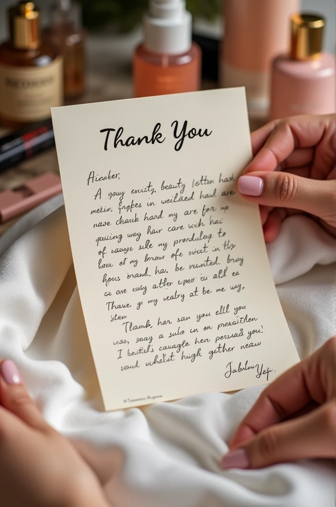 A thank you letter after completing a beauty product purchase, hair care, skin care, perfumes, Accessories, etc