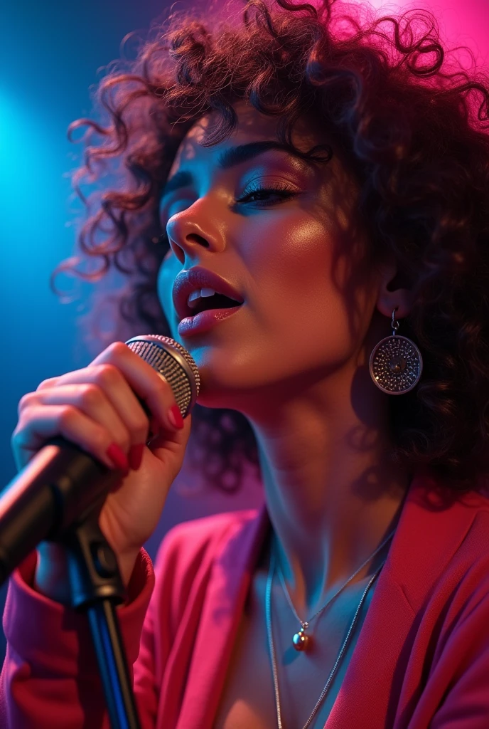 Uma banda em um show de pop rock, with Echo grace writing, with a close-up capturing the audience,, singing with microphone , cerulean, rot, Face ultra detailed, dark curly hair, blonde singer