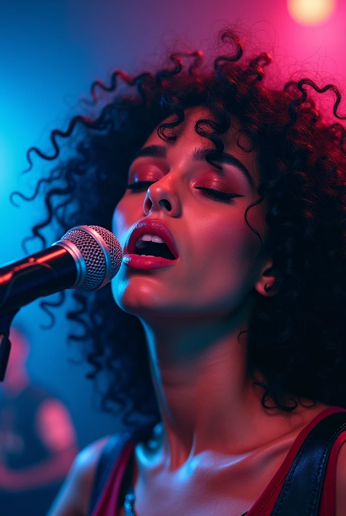 Uma banda em um show de pop rock, with Echo grace writing, with a close-up capturing the audience,, singing with microphone , cerulean, rot, Face ultra detailed, dark curly hair, blonde singer