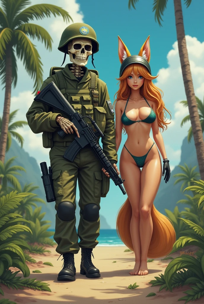 Brazilian skeleton soldier with skull mask and UN helmet, with the other company of a furry anime fox soldier in a bikini with a big ass showing off with a UN helmet on a peacekeeping mission in Haiti.