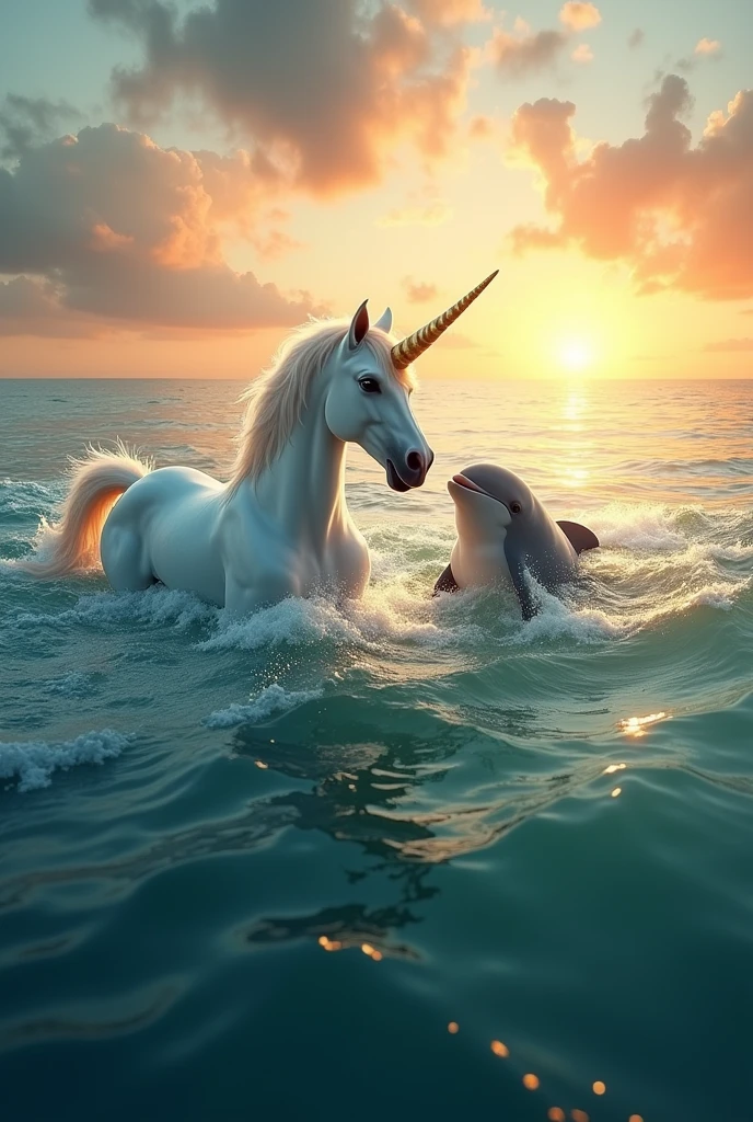 Create an image of a unicorn with a dolphin in the sea and a sunset 
