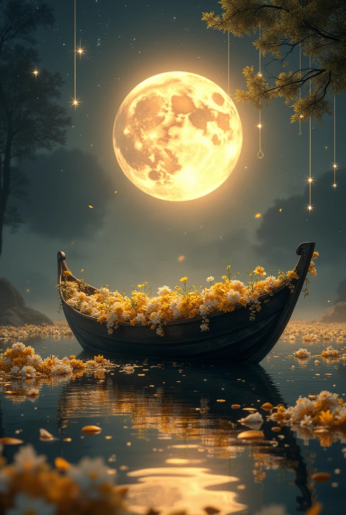 A black and golden colour boat which is full of golden and white flowers on calm river full of golden flowers and no human, lights and stars, night sky with falling stars, dramatical illusion of light and rays, a full moon on the middle and reflection on the river