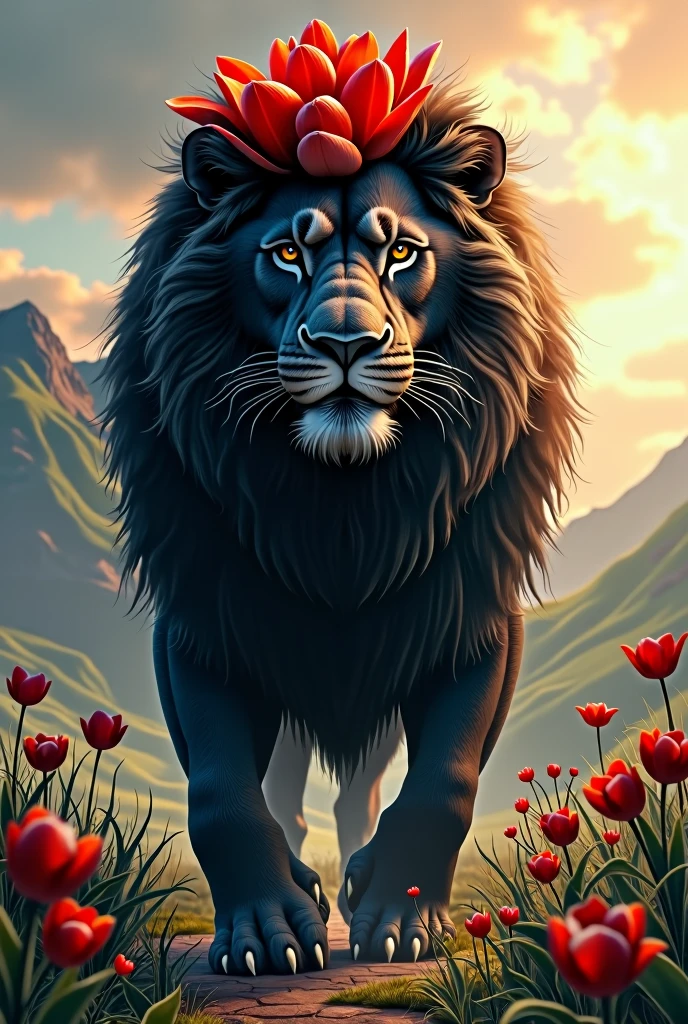 A giant black lion with a red tulip on its head