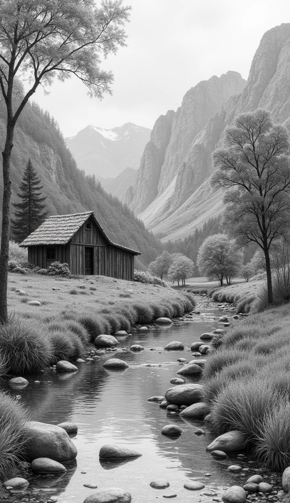 beautiful landscape, pencil draw, Coal chips, mountain view, spring time, typical trees and vegetables of south america (brazil), rustic house, crystal clear stream 