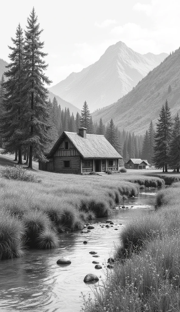 beautiful landscape, pencil draw, Coal chips, mountain view, spring time, typical trees and vegetables of south america (brazil), rustic house, crystal clear stream