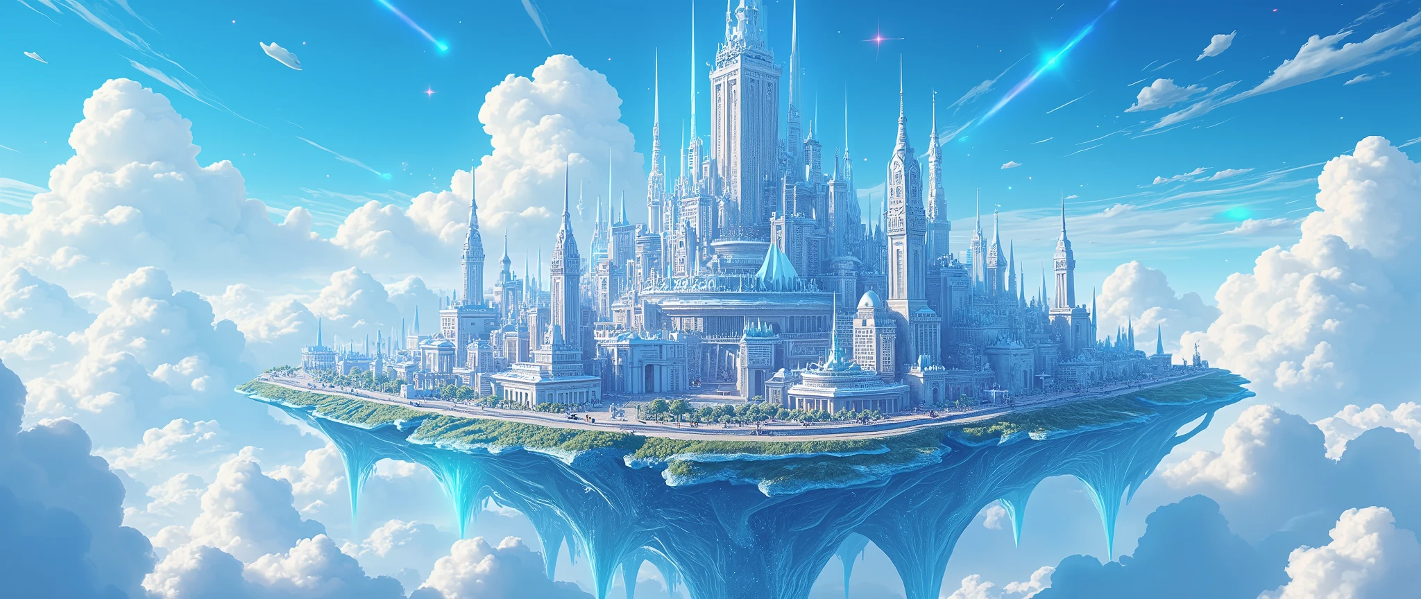 Highly detailed anime-style still images, Ghibli Studio Style, masterpiece, Official Art, Professional, ((Super detailed)), 8k, A sparkling city, crystallization, Reflective surface, Prism light effect, The setting is a floating island surrounded