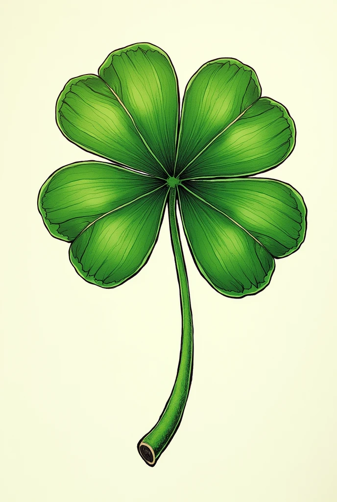 Un trèfle à quatre feuilles dans un style graphique. Bande dessinée 2D au crayon de couleur. Les couleurs doivent être claires et bien ressortir le trèfle doit être très détaillé
