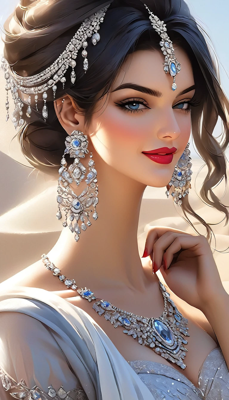 , inspired by Emma Andijewska, draped in crystals, silver color, long earrings, sandra chevier, huge earrings, blue-eyed, platinum jewellery, earring, flawless structure, silver earring,  , a woman, Kriti Sanon, outdoors, realistic skin texture, smiling,   post-processing, Maximum texture, masterpiece, ultra-detailed, photorealistic, realistic, real picture, hyperrealism, Sharp focus, insane details, intricate details,  full sharp, detailed face, realistic eyes,simple white stucco background  ,big hoop  earrings, makeup,white skin,sharp jawline ,big earrings, oversized earrings,big breasts,full body view , necklace, eyeliner, eyeshadow, foundation, jewelry,bangles, anklet,silky black blunt hair ,face makeup, eyeliner,red lipstick ,saree ,big breasts ,full body view