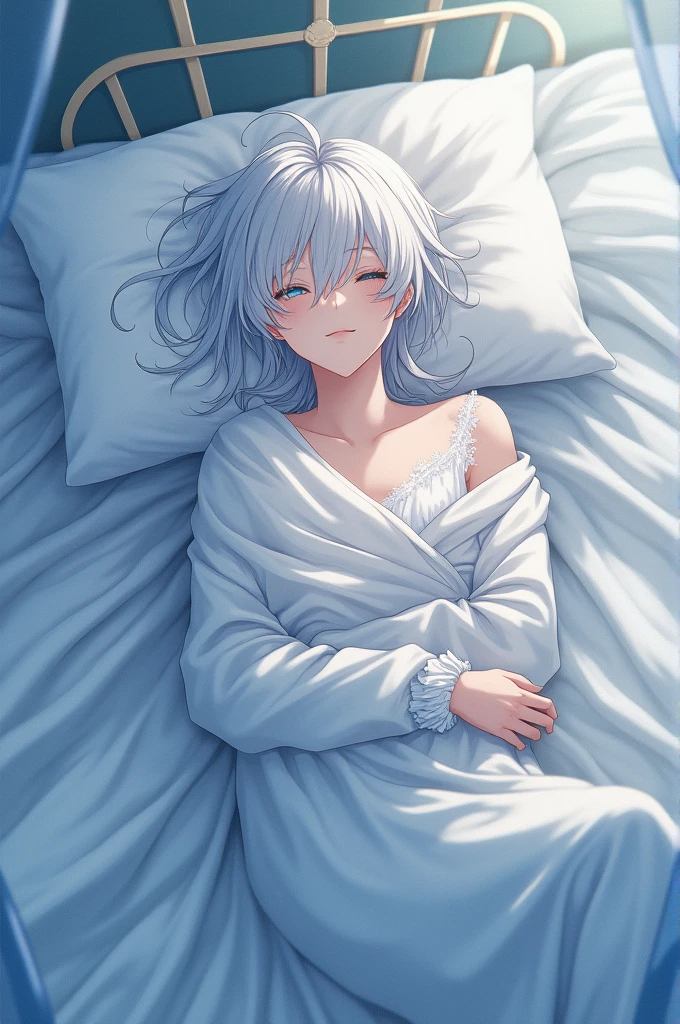 Become a woman。Short-haired woman with silver hair。Has blue eyes。I'm not feeling well and I'm sleeping。I'm in bed。It is an anime-style illustration。Beautiful with the best image quality。