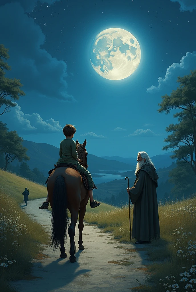 l'enfant est sur un cheval sur un chemin pendant que le vieil sage homme sage le regarde, il fait nuit