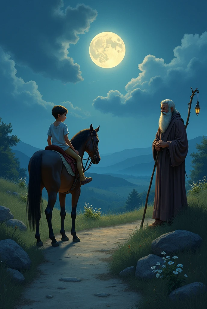 l'enfant est sur un cheval sur un chemin pendant que le vieil sage homme sage le regarde, il fait nuit