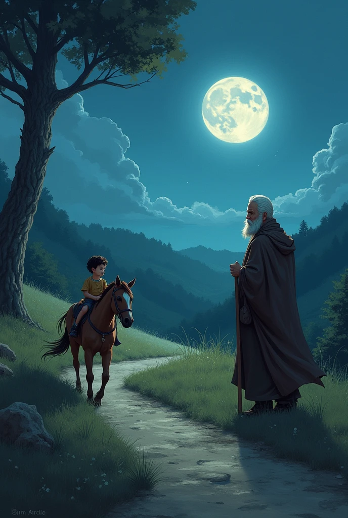 l'enfant est sur un cheval sur un chemin pendant que le vieil sage homme sage le regarde, il fait nuit