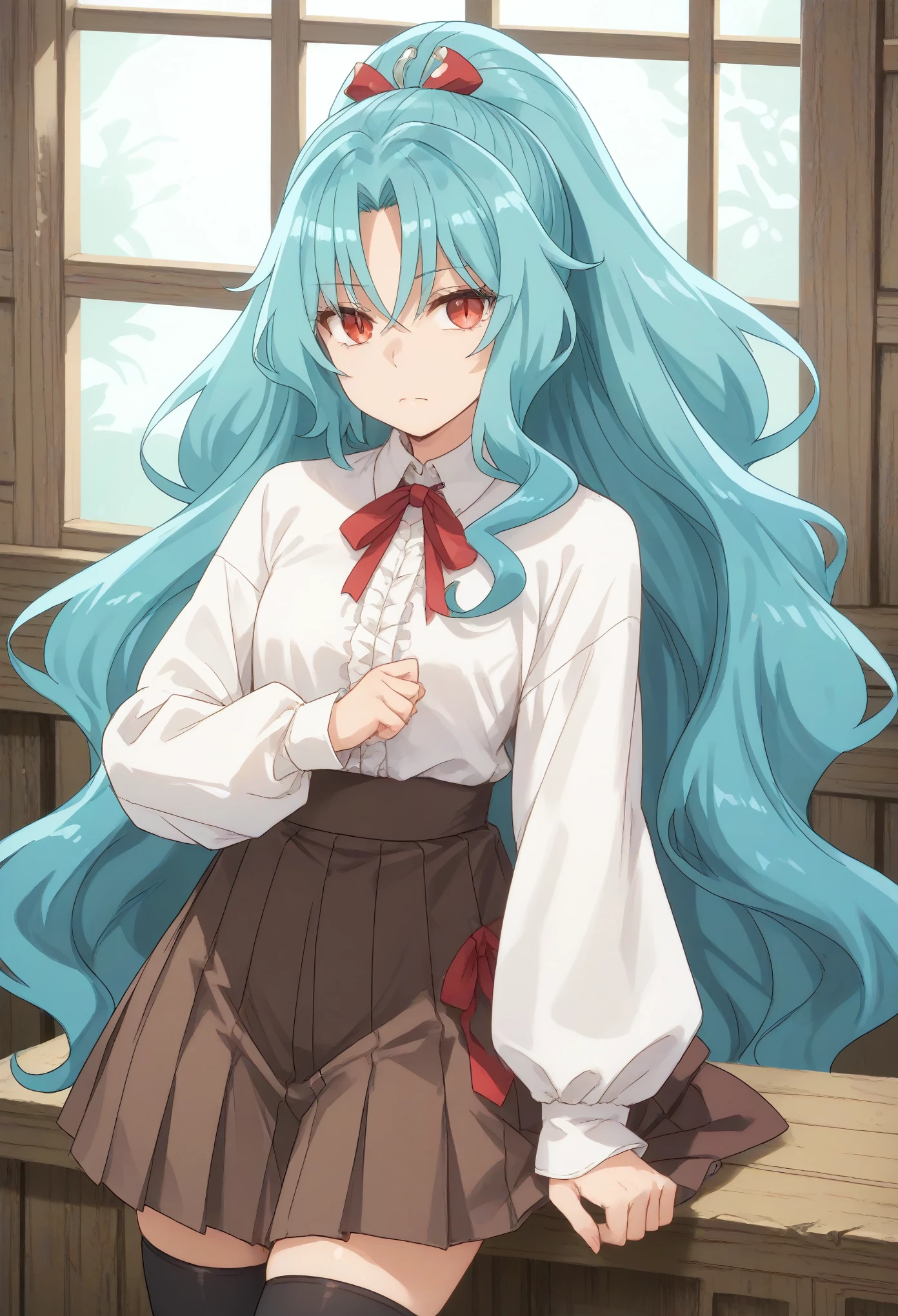 long hair aqua hair ponytail red eyes,slit pupils,shirt, long sleeves, ribbon, closed mouth, , white shirt, pleated skirt, frills, puffy sleeves, brown skirt, black thighhighs, red ribbon, neck ribbon