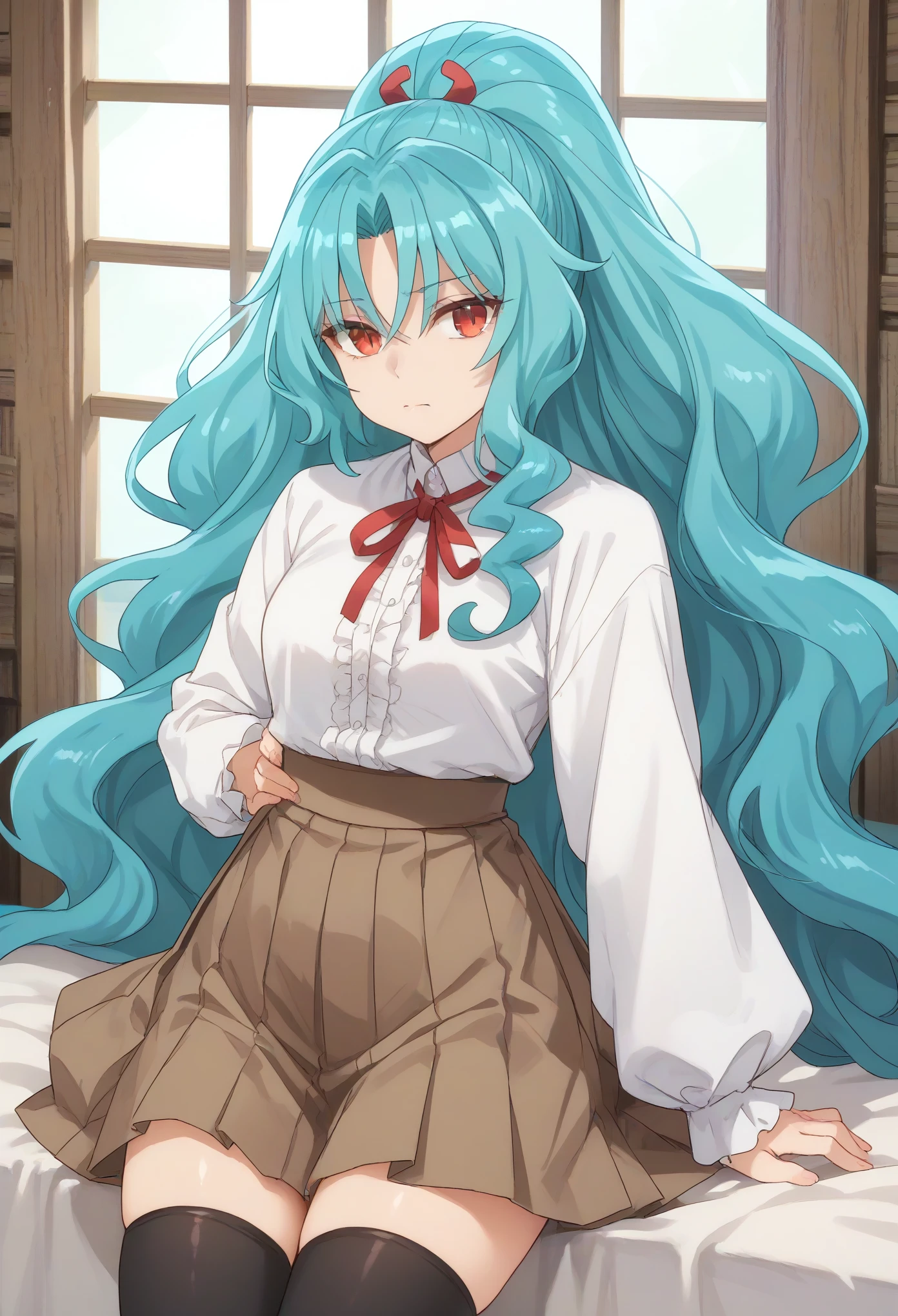 long hair aqua hair ponytail red eyes,slit pupils,shirt, long sleeves, ribbon, closed mouth, , white shirt, pleated skirt, frills, puffy sleeves, brown skirt, black thighhighs, red ribbon, neck ribbon