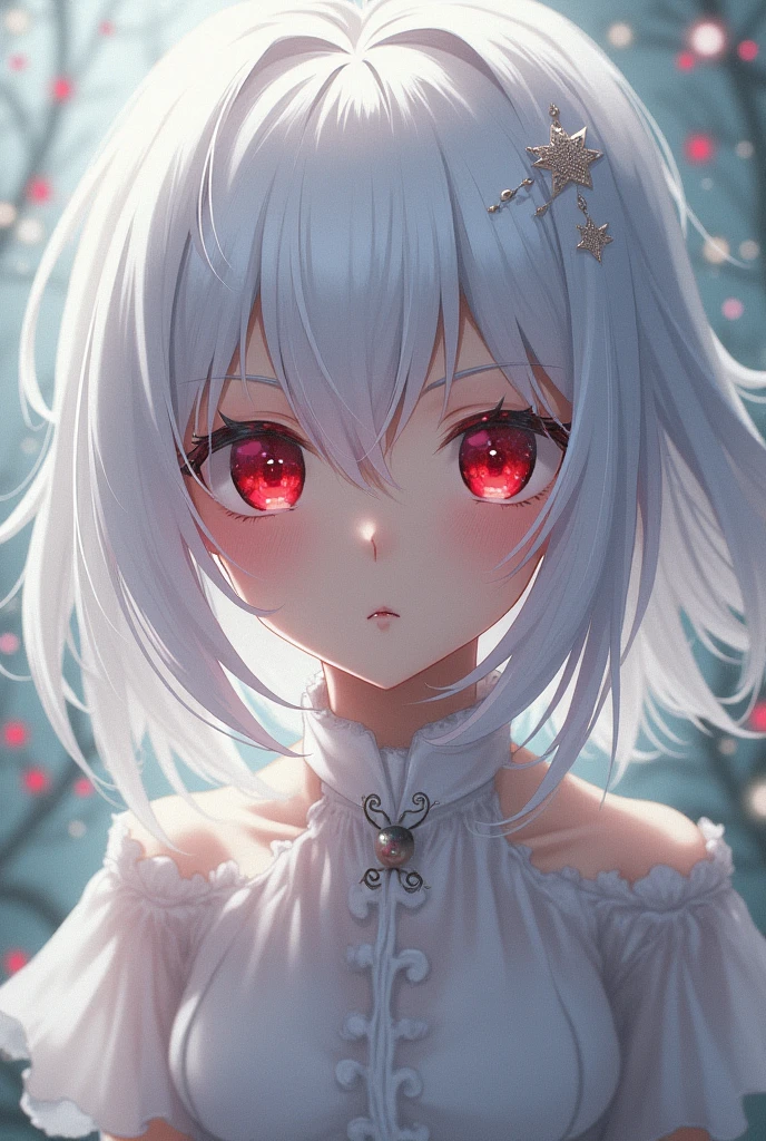anime, madoka magica art style, white hair, red eyes