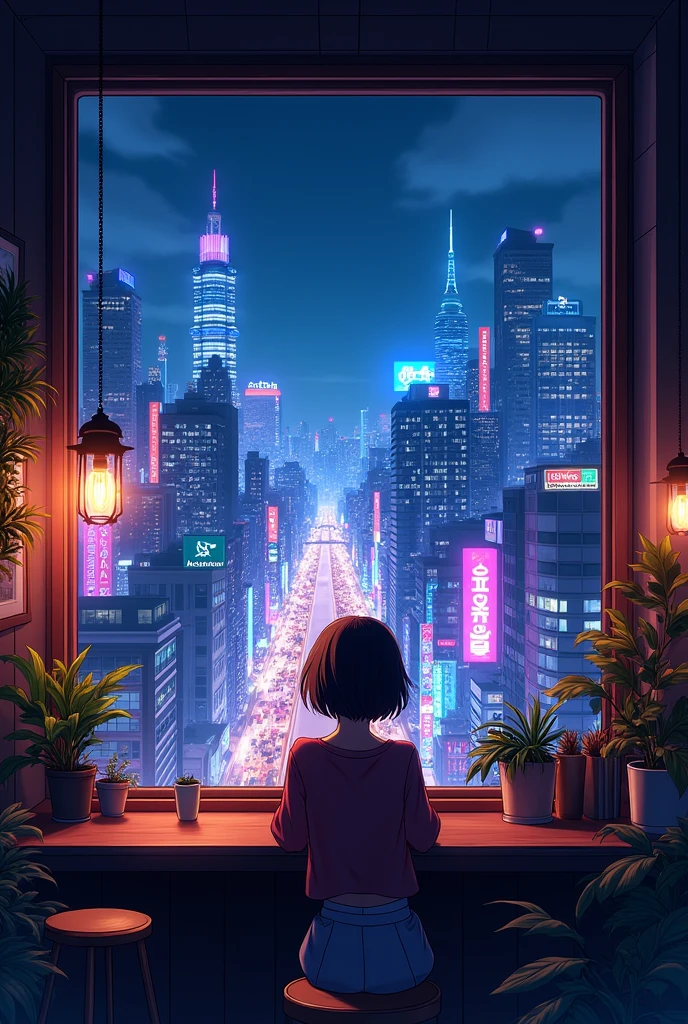 Outside the window is a neon city、night、Anime Style、coffee、Nobody is here