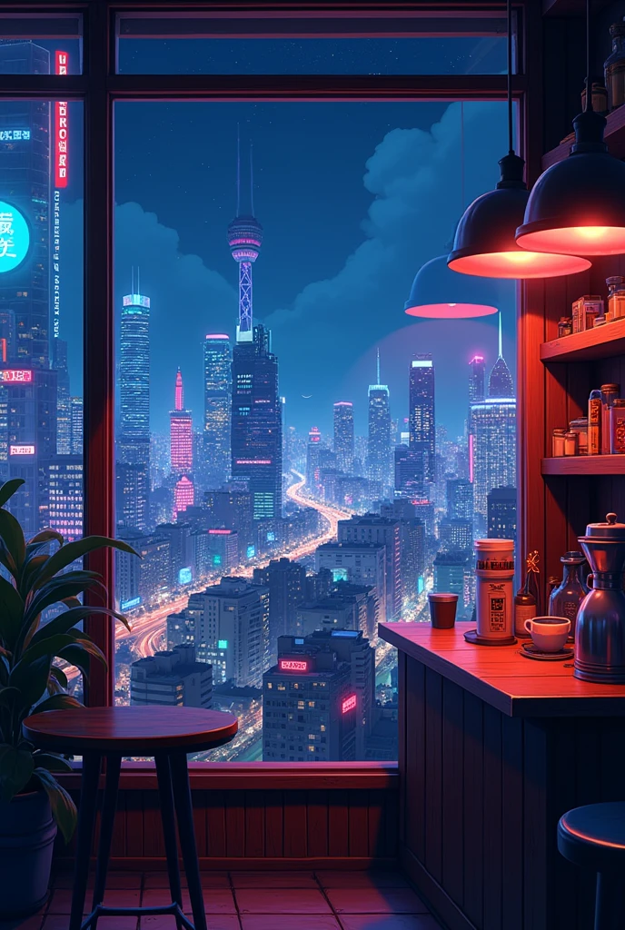 Outside the window is a neon city、night、Anime Style、coffee、Nobody is here
