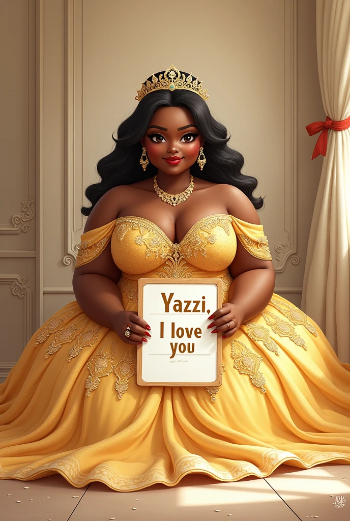 A fat black  anime woman in golden color wedding dress sitting in flor and have a signboard with YAZZI I live you in signboard and holding in his both hand