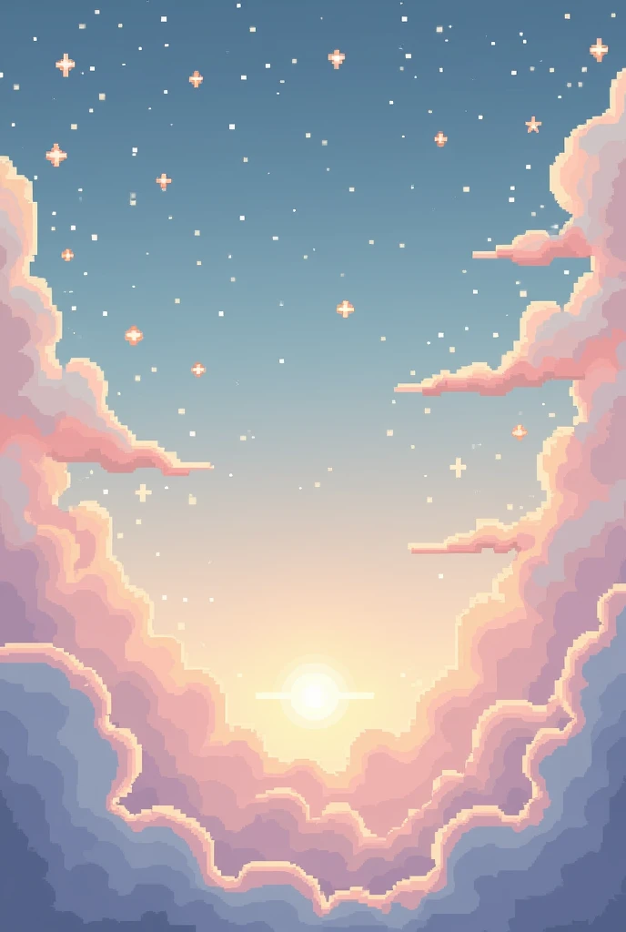 Aesthetic background,pixelated,with dreamy cozy colours,some stars and clouds just sky no ground etc,in 16:9 resolution 