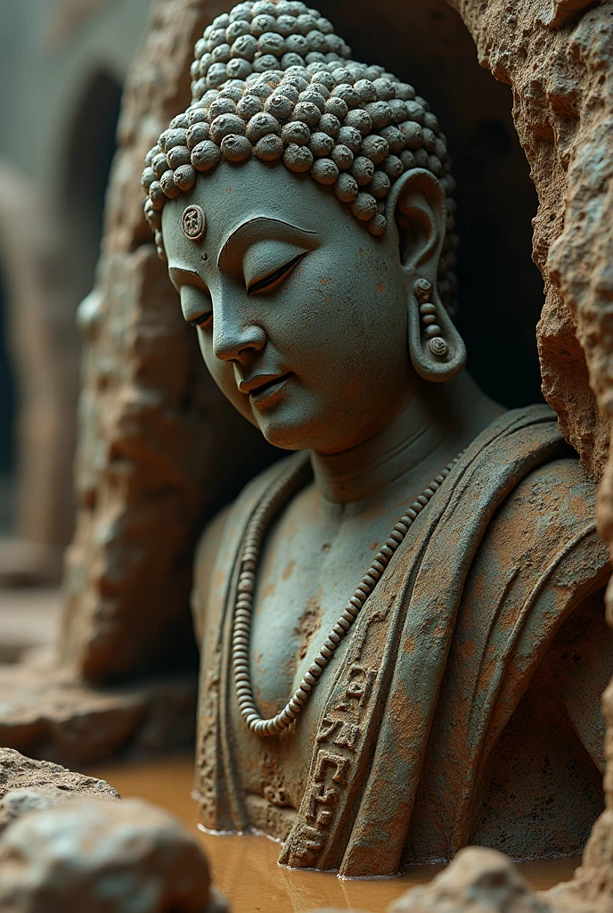 Prompt: "A close-up of a broken, ancient statue found in the Nalanda ruins, partially buried in the ground. The statue should have intricate carvings and should appear weathered and worn out."