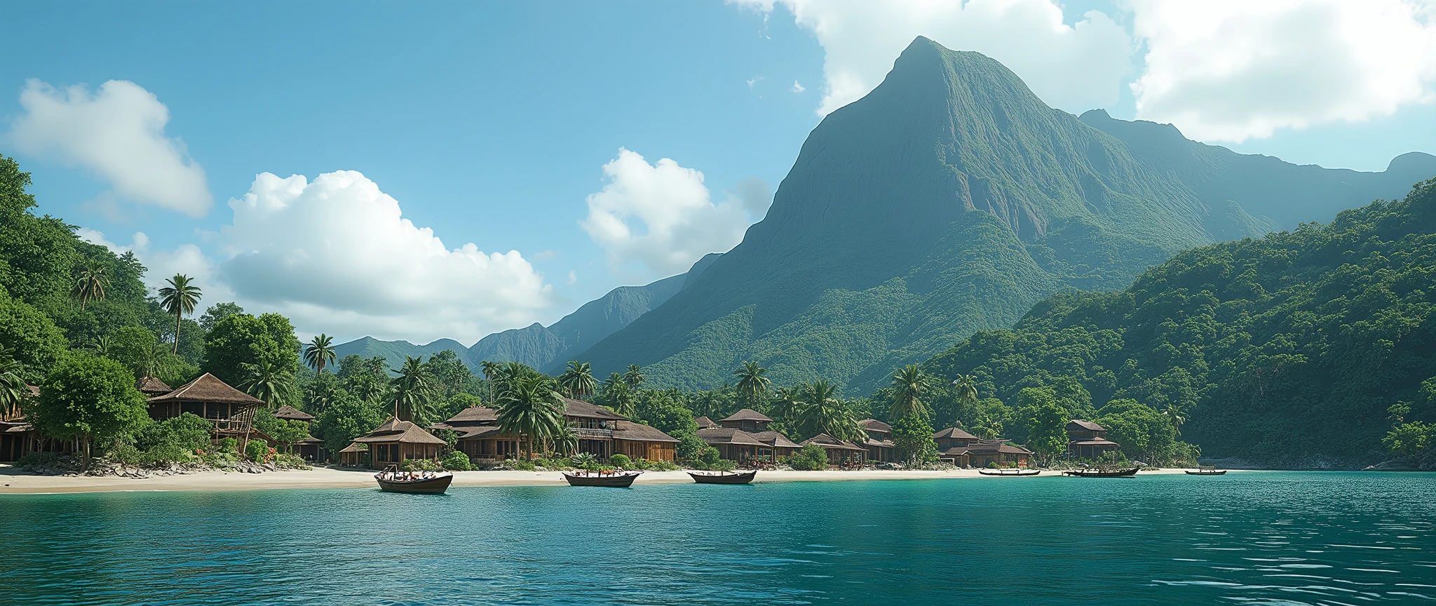 Village from ancient Ternate island, Maluku, Indonesia, beside a ocean and Ternate mountain, there is no peoples, kora-kora ships, hyper realistic, masterpiece, best quality, ultra-detailed, UHD, 64K