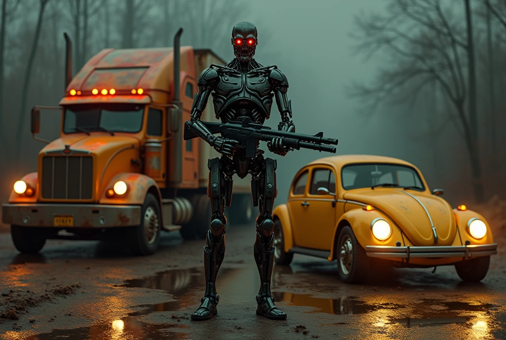 Arnold Schwarzenegger and the Terminator T800, the eyes on the exterminated T800 glow like red led, the T800 holds a 12 gauge shotgun, he is standing next to an old red and blue 1987 Freightliner COE truck, the truck's paint simulates fire stains in blue and red colors, on the other side there is an old yellow Beetle with its headlights on, lens flare effect, Raby, lens flares, reflection on the floor, the image is as realistic as a mirror, extremely realistic size ratio