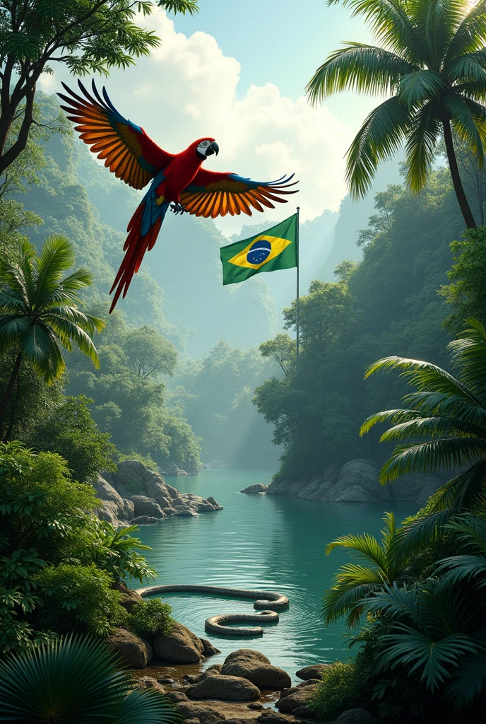 Amazon forest with Amazon flag with macaw flying near trees, and an anaconda snake in the lake