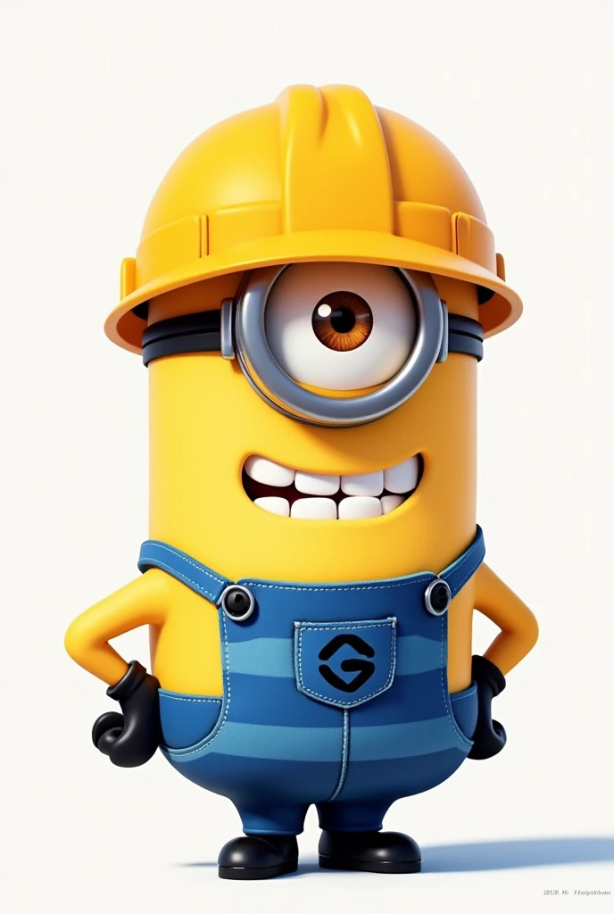 A minion standing sideways wearing a bright yellow worker's helmet and blue striped uniform
