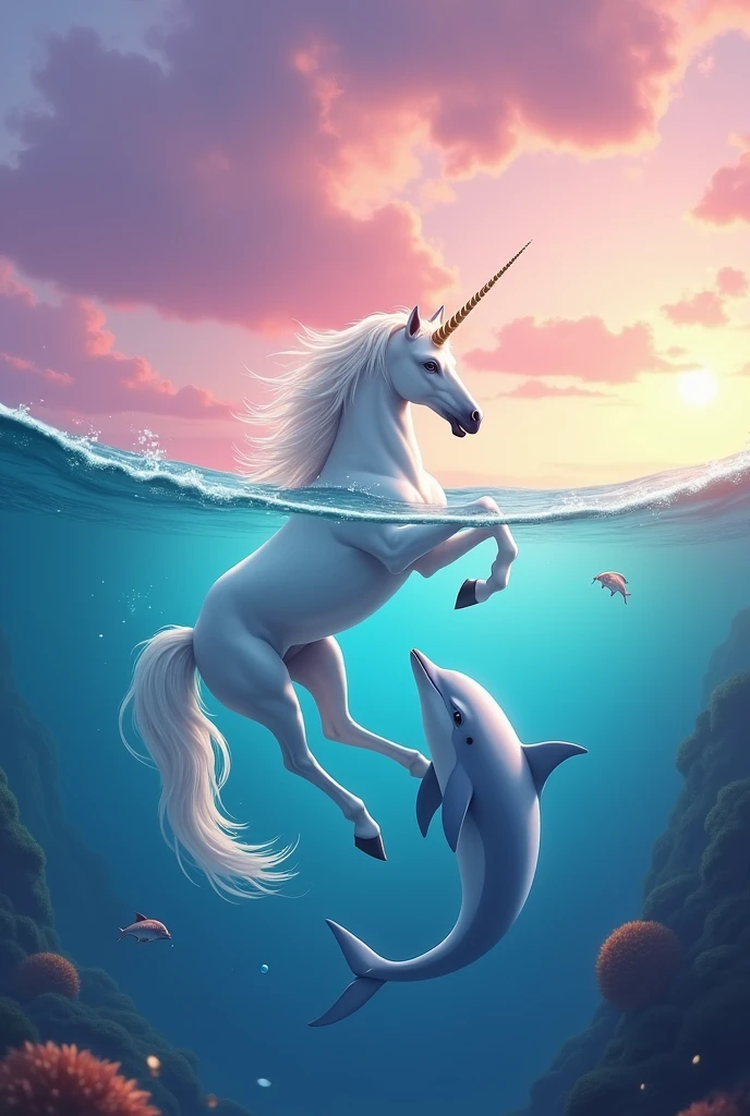 Create an image of a unicorn with a dolphin in the sea and a pink and purple sunset

