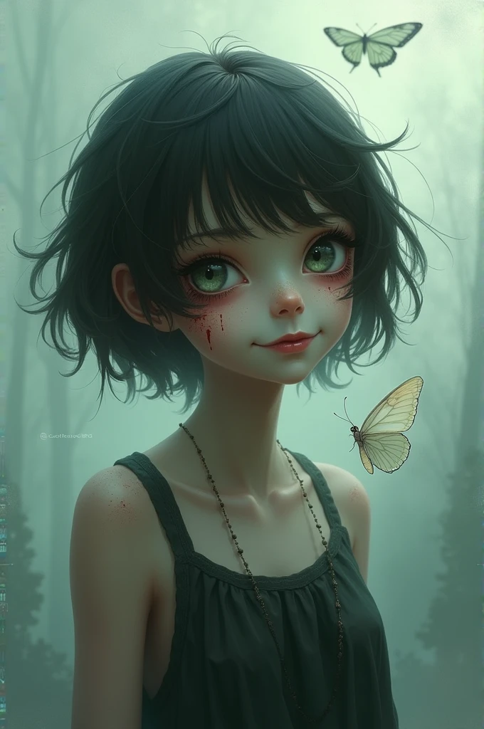 A girl, zombie, short hair, butterfly, smiles
