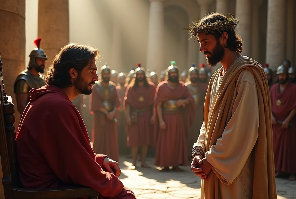 "A tense scene in the court of Pontius Pilate, with Jesus standing, silent and serene, before the Roman governor. Jesus is dressed in a simple robe, his hands are bound, and a crown of thorns on his head, with small drops of blood on his forehead. Pilate, sitting on an imposing chair, looks at Jesus with an expression of doubt and hesitation, while an agitated and noisy crowd gathers around, demanding the crucifixion. In the background, Roman soldiers, in their armor, watch. with attention, ready to act. The sunlight passes through the stone columns, casting dramatic shadows over the scene, reflecting the gravity of the moment."