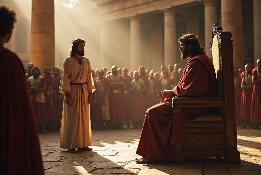 "A tense scene in the court of Pontius Pilate, with Jesus standing, silent and serene, before the Roman governor. Jesus is dressed in a simple robe, his hands are bound, and a crown of thorns on his head, with small drops of blood on his forehead. Pilate, sitting on an imposing chair, looks at Jesus with an expression of doubt and hesitation, while an agitated and noisy crowd gathers around, demanding the crucifixion. In the background, Roman soldiers, in their armor, watch. with attention, ready to act. The sunlight passes through the stone columns, casting dramatic shadows over the scene, reflecting the gravity of the moment."
