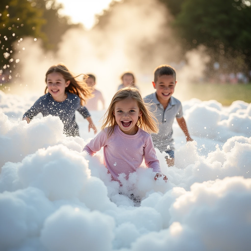 A realistic photo of a group of , around 6-, running through a thick cloud of foam created by a foam cannon. The image captures their joyful expressions, with foam bubbles glistening in the sunlight.