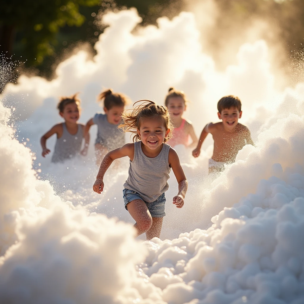 A realistic photo of a group of , around 6-, running through a thick cloud of foam created by a foam cannon. The image captures their joyful expressions, with foam bubbles glistening in the sunlight.