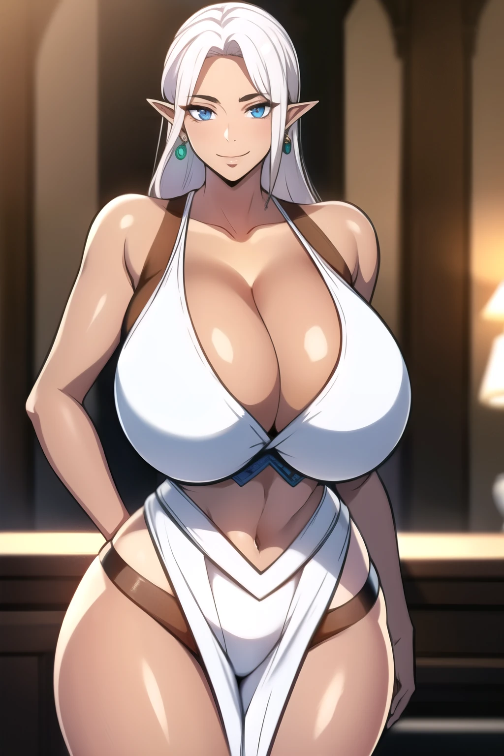 masterpiece, best quality, absurdres, 8k, perfect shadows,perfect lighting,hdr, ambient lighting, cowboy shot,shiny skin,skindentation, beautiful body, NamiFinal, (white hair : 1.4), long hair, blue eyes, (((white arabian dancer outfit:1.1), cleavage, , curvy, midriff, curvy, thighs, higheels, shiny clothes) , jewelry earrings,tight fit, complex detailed background, inside, luxury palace) (gigantic breasts,hourglass body, thin waist,very slim waist)extremely detailed face,detailed eye makeup, detail face, nice detailed eyes,nice hands, perfect hands (realistic pupils,realistic iris:1) heavy eye makeup,glowing eyes, Bright eyes,standing,standing at attention,(seductivel smile), (gigantic breasts: 1.3), curvy, (( tan skin: 1.1)), (( tan face: 1.1)), elf ears