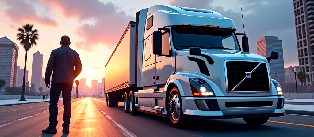  in style GTA 5,  banner, LA, CDL new semi truck volvo and driver, the driver is standing in front of the truck, the driver and the car are on the right side, tthe left side is empty ready for text