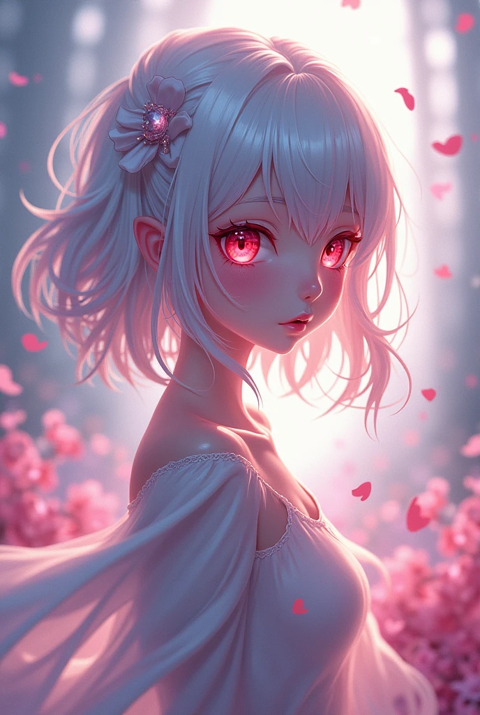 anime, madoka magica artstyle, white hair, red eyes