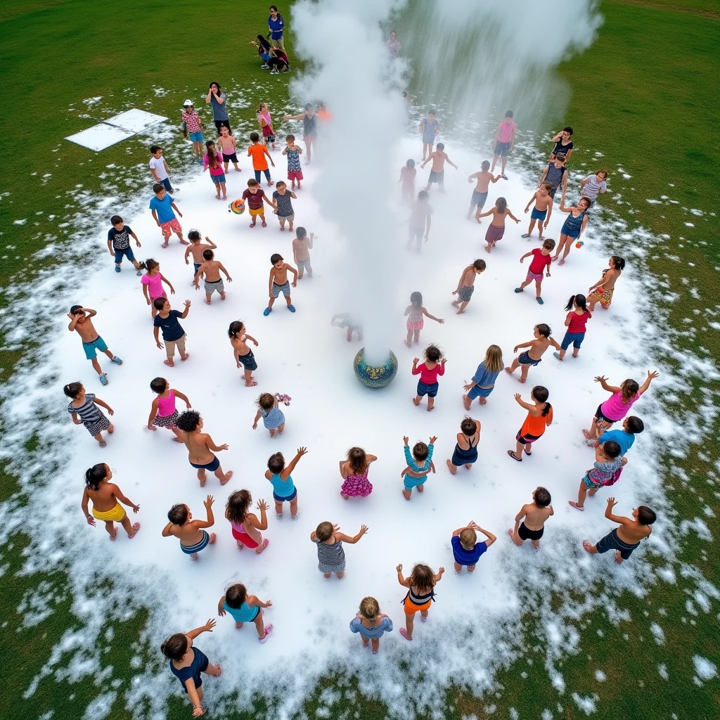 Aerial view photo capturing a large foam party where dozens of kids are playing under a foam cannon. The scene shows the foam spread across a grassy field, with the kids’ vibrant clothing contrasting against the white foam.