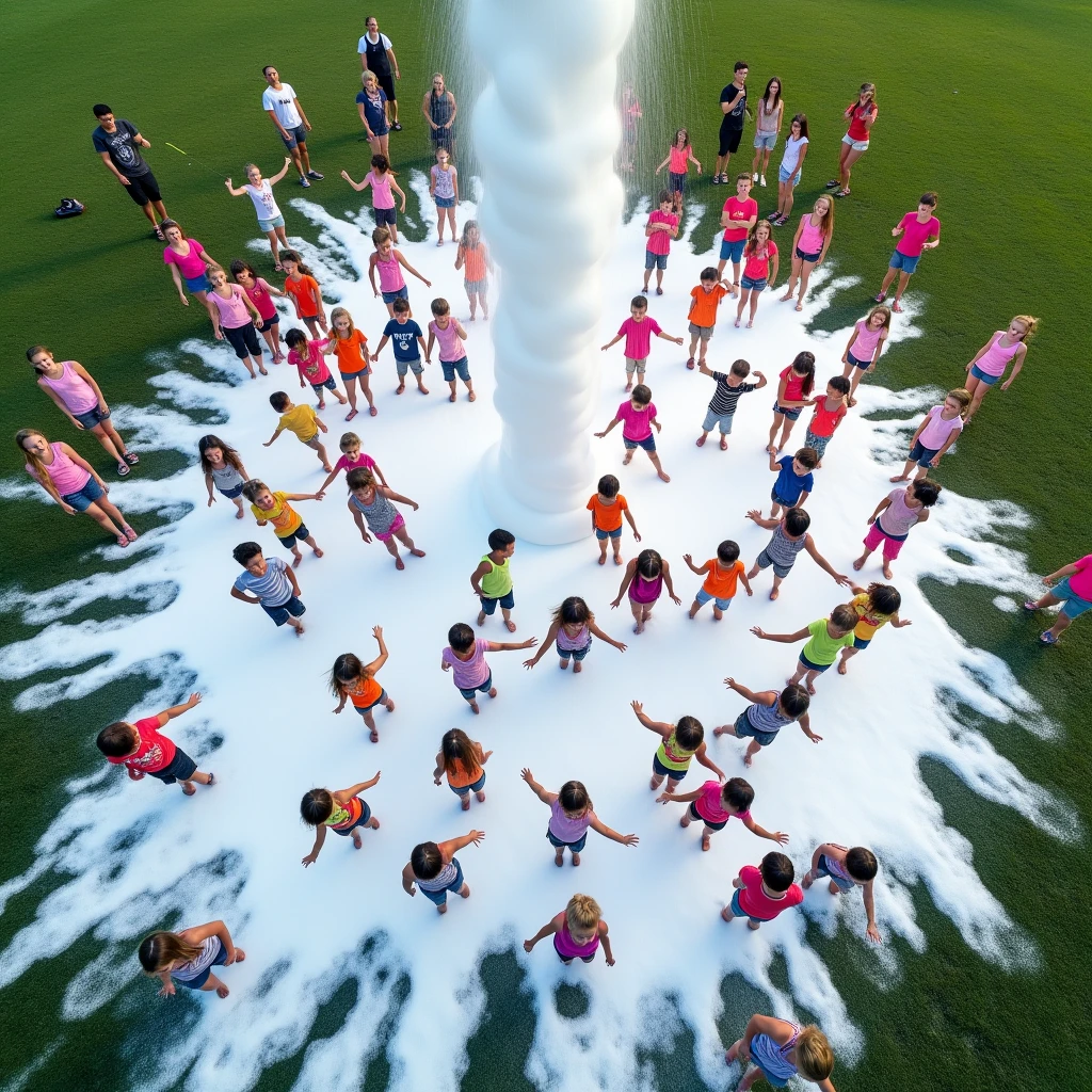 Aerial view photo capturing a large foam party where dozens of kids are playing under a foam cannon. The scene shows the foam spread across a grassy field, with the kids’ vibrant clothing contrasting against the white foam.