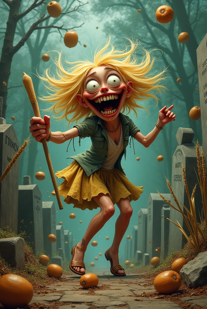 Crazy blonde woman, with big eyes, crazy laugh and wet dripping mouth dances with a holy corncob between hazelnuts and on cemetery graves, and throws reeds in the air.