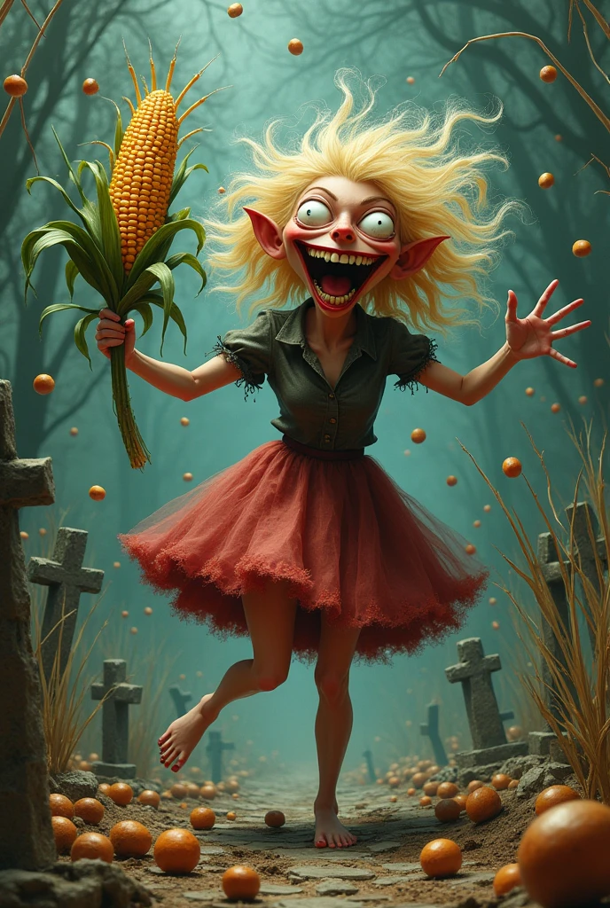 Crazy blonde woman, with big eyes, crazy laugh and wet dripping mouth dances with a holy corncob between hazelnuts and on cemetery graves, and throws reeds in the air.