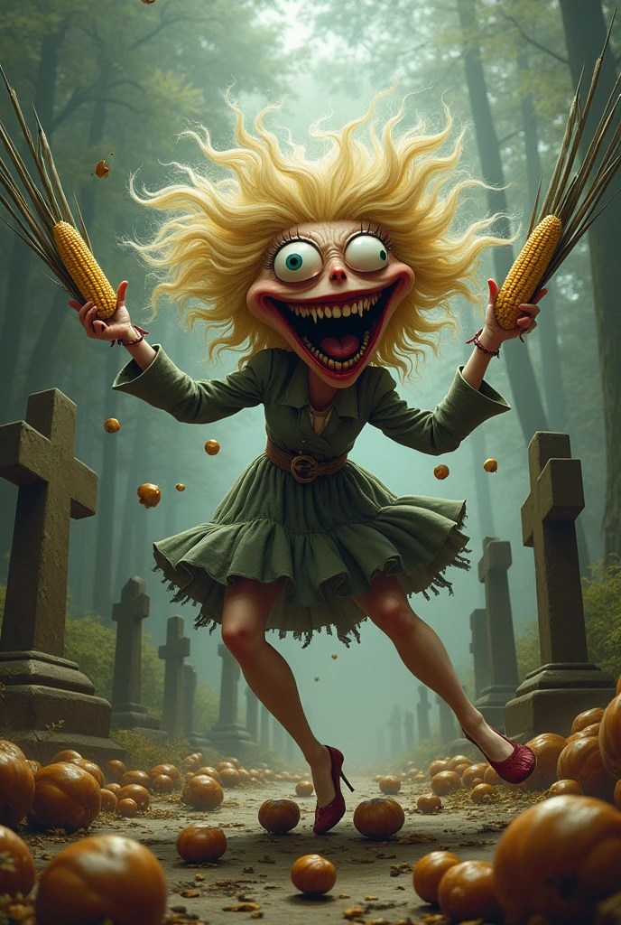Crazy blonde woman, with big eyes, crazy laugh and wet dripping mouth dances with a holy corncob between hazelnuts and on cemetery graves, and throws reeds in the air.