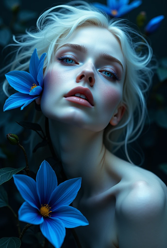 The image depicts a close-up, stylized portrait of a person with pale, almost white skin and messy white hair. The person’s head is tilted back, exposing a delicate and sharp jawline, with light softly highlighting the contours of the face. The eyes are strikingly blue, with a reflective, almost luminescent quality that adds to the ethereal atmosphere. Dark blue flowers with sharp petals surround the figure, some of which seem to merge with the person's hair. The lighting is dramatic, casting deep shadows and emphasizing the contrast between the bright highlights and the dark background. The overall mood is mysterious, almost dreamlike, with a mix of beauty and melancholy.