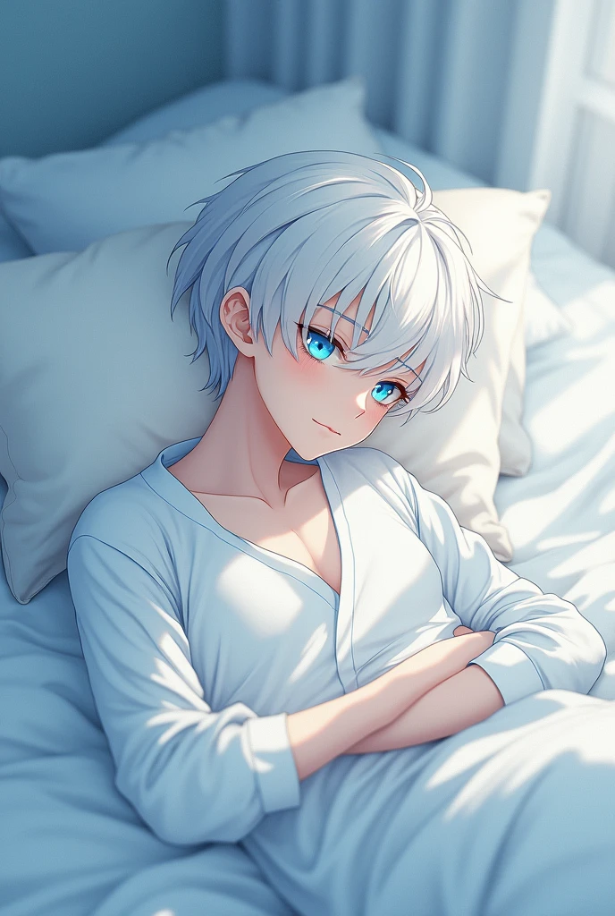 Create a male anime character with white hairs sky-blue eyes wearing a sleeping dress and sleeping on bed camera zoom out