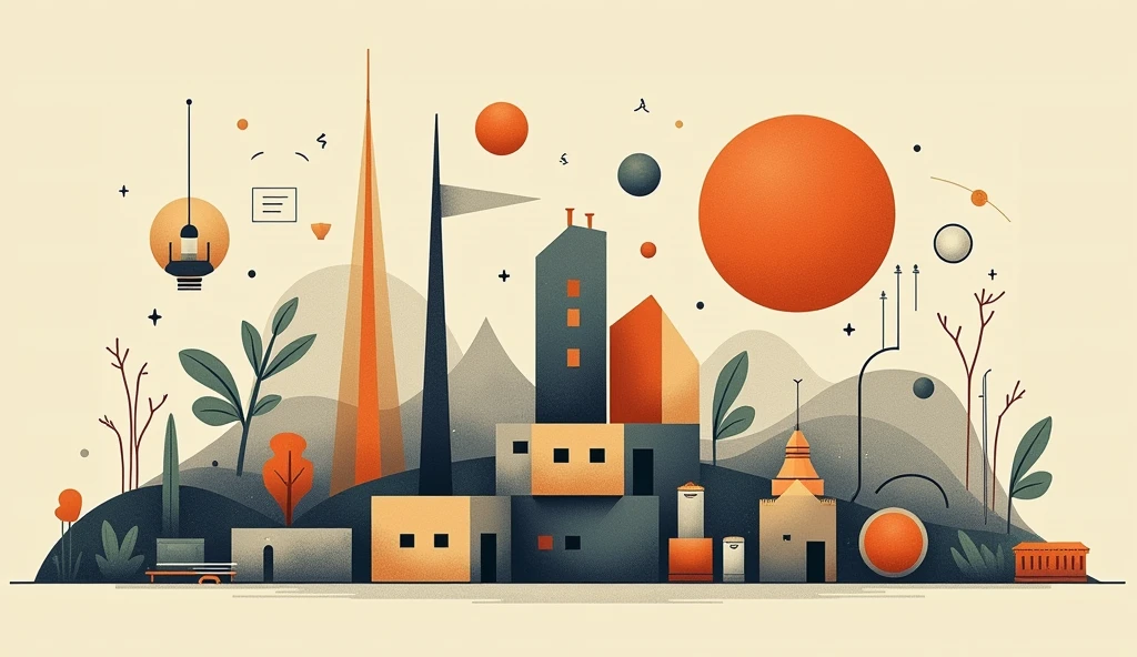 image with symbols representing construction, innovate, To produce, No passado